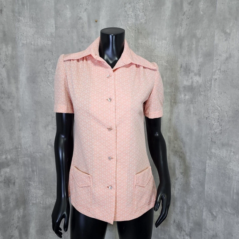 Blusa Top Floral Melocotón Vintage Años 70 Manga Corta Cuello Daga Bolsillos Retro M Foto 3 de 4