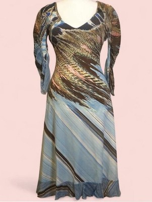 Roberto Cavalli SS2004 Feather Print Silk Trim Dress XS