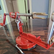 Vintage Peel Away Screw Crank Apple Peeler With Wooden Handle BURGANDY COLOR
