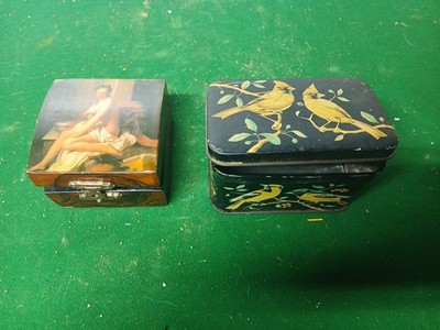 Laquered Trinket Box Susanna at the Bath & Hinged Tin, Pairs Of Oriole Birds VTG