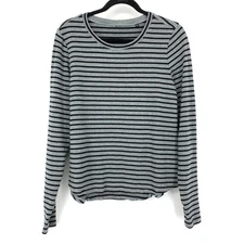 Cabi Pivot Striped Tee Womens Size Large Gray Black Long Sleeve Crew Neck