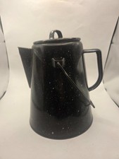 Bollitore stile campeggio smaltato nero vintage con coperchio e manico in filo metallico