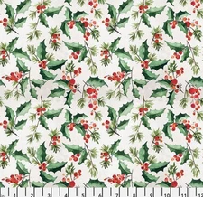 Flannel Fabric | Free Spirit Wonderland Christmas Holly Berry Leaf White YARD