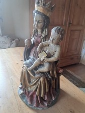 Skulptur Mutter Gottes mit Kind, Holz geschnitzt, bunt bemalt, alt, 40 cm gross
