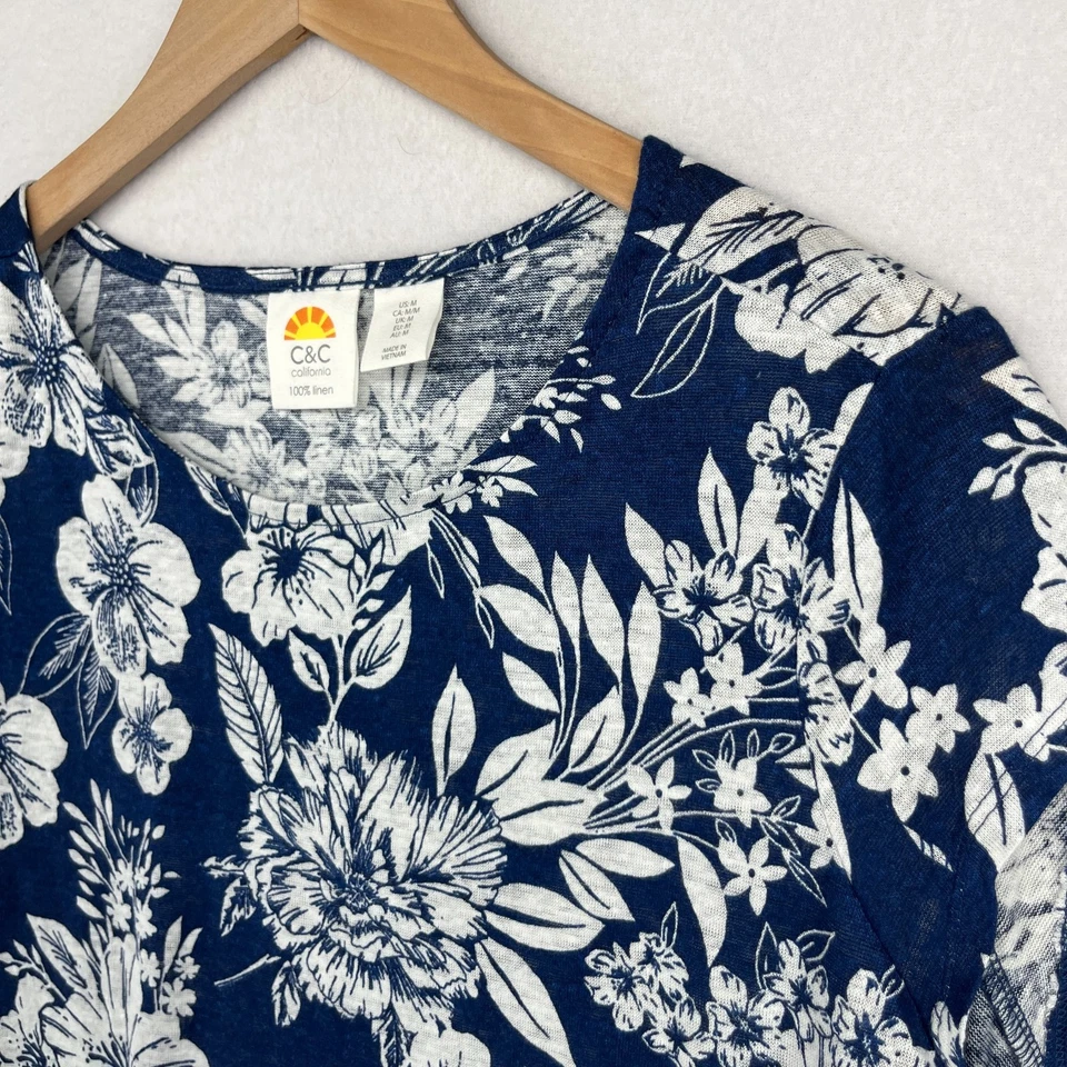 C&C CALIFORNIA Top M Linen Slub Jersey Hibiscus Tropical Cap Sleeve Blue - Image 2 of 4