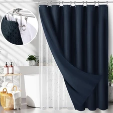 3 in 1 Waterproof Waffle Weave Shower Curtain and Clear Liner Set with 12 Sta...
