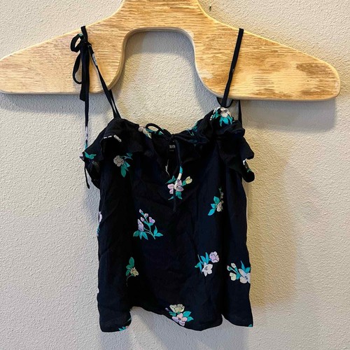 Billabong Going Out top black floral ruffle top with tie straps small