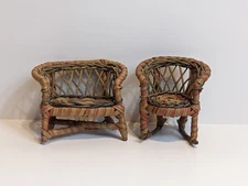 Vtg Wicker 2 Pc Doll Furniture Mini Rocker & Loveseat for 6" Doll Blue & Rose