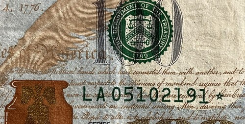 2009 A $100 Dollar Bill STAR Note (Circulated) LA 05102191* Misalign Print Error - Picture 2 of 7