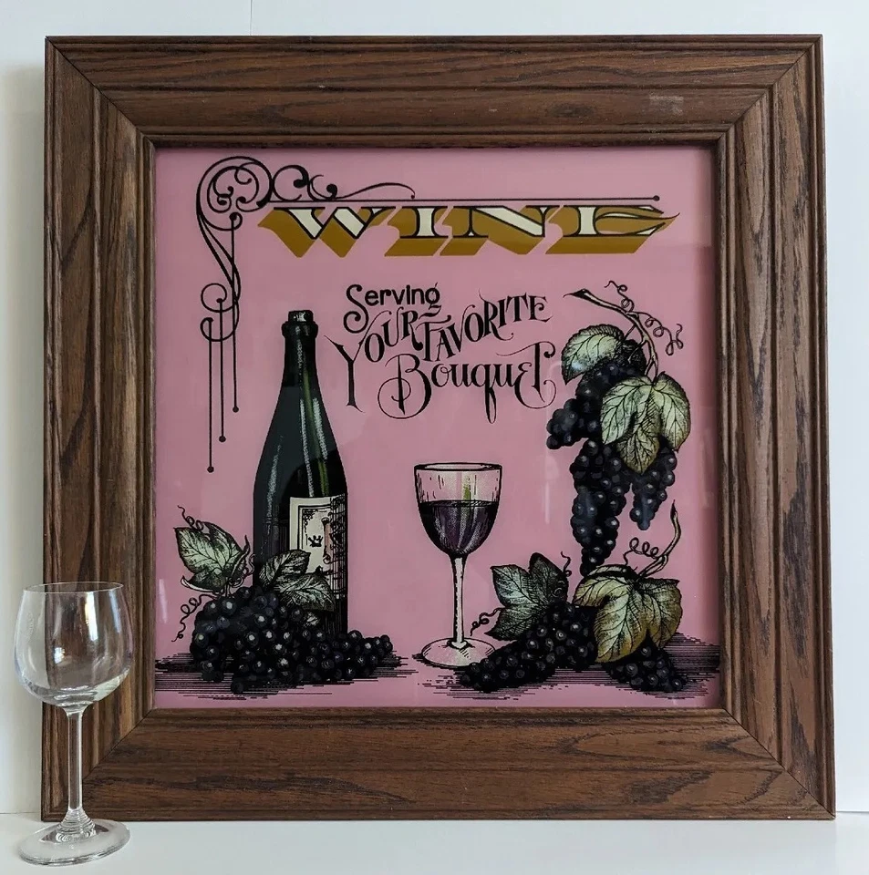 RARE Vtg 21" Reverse Painted Glass Wine Trade Sign Advertising Bar Wall Hanging  - Image 2 of 4