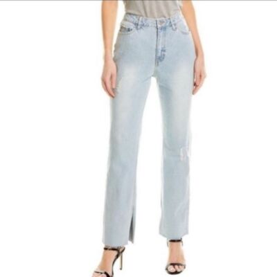 NWT Avec Les Files Straight Leg Jeans High Waist Slit Hem Cotton Light Wash 28