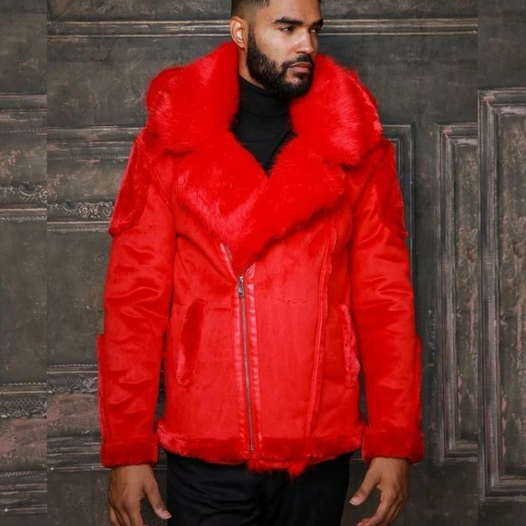 Men's Fashion Red Faux Fur Coat