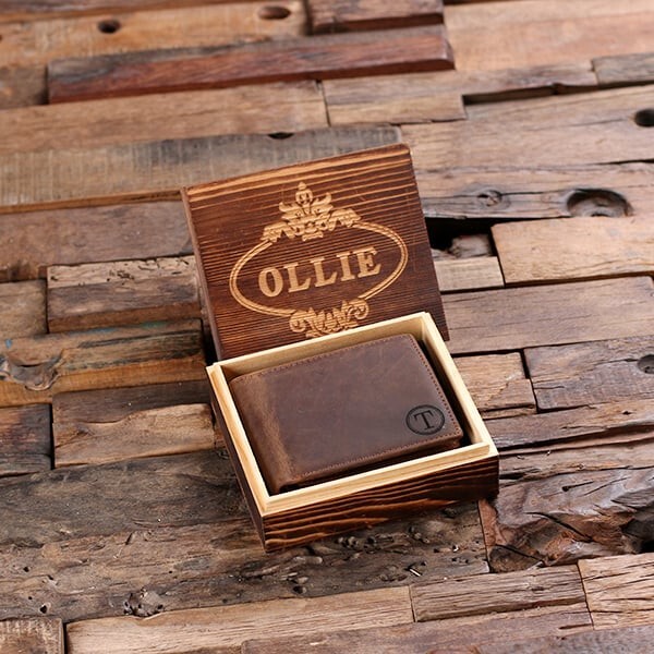 Monogrammed Leather Bifold Mens Wallet Gift Box Included-image