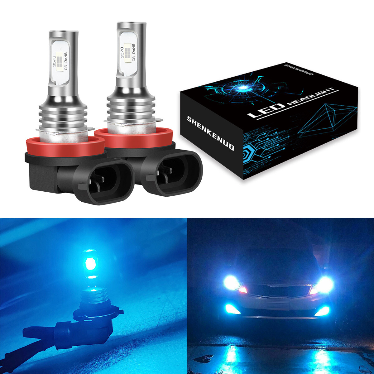 H11 LED Headlight Super Bright Bulbs Kit 8000K Ice Blue HIGH/LOW