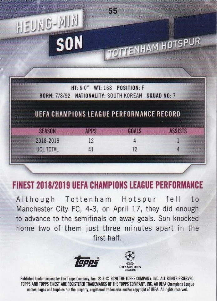 2019-20 Topps Finest Tottenham Heung-Min Son Purple /250 Soccer Card - Image 2 of 2