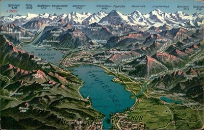 Postcard Swiss Lakes & Alps Postcard Map, 1926
