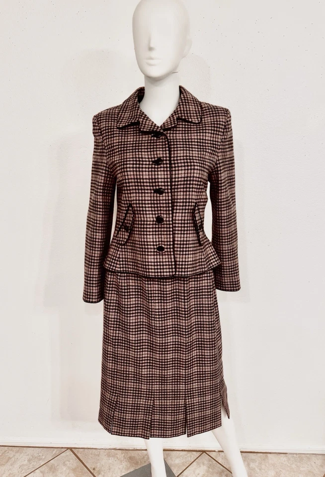 Traje Falda Oscar de la Renta 100% Cachemira Rosa Marrón Con Acento Cuero Est 12 Foto 3 de 4