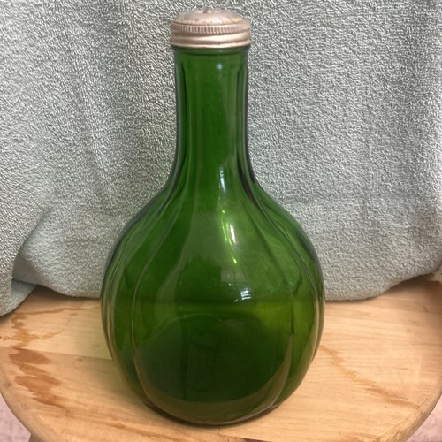 Vintage 1940s Duraglas Green Glass Refrigerator Water Bottle Aluminum Pour Lid