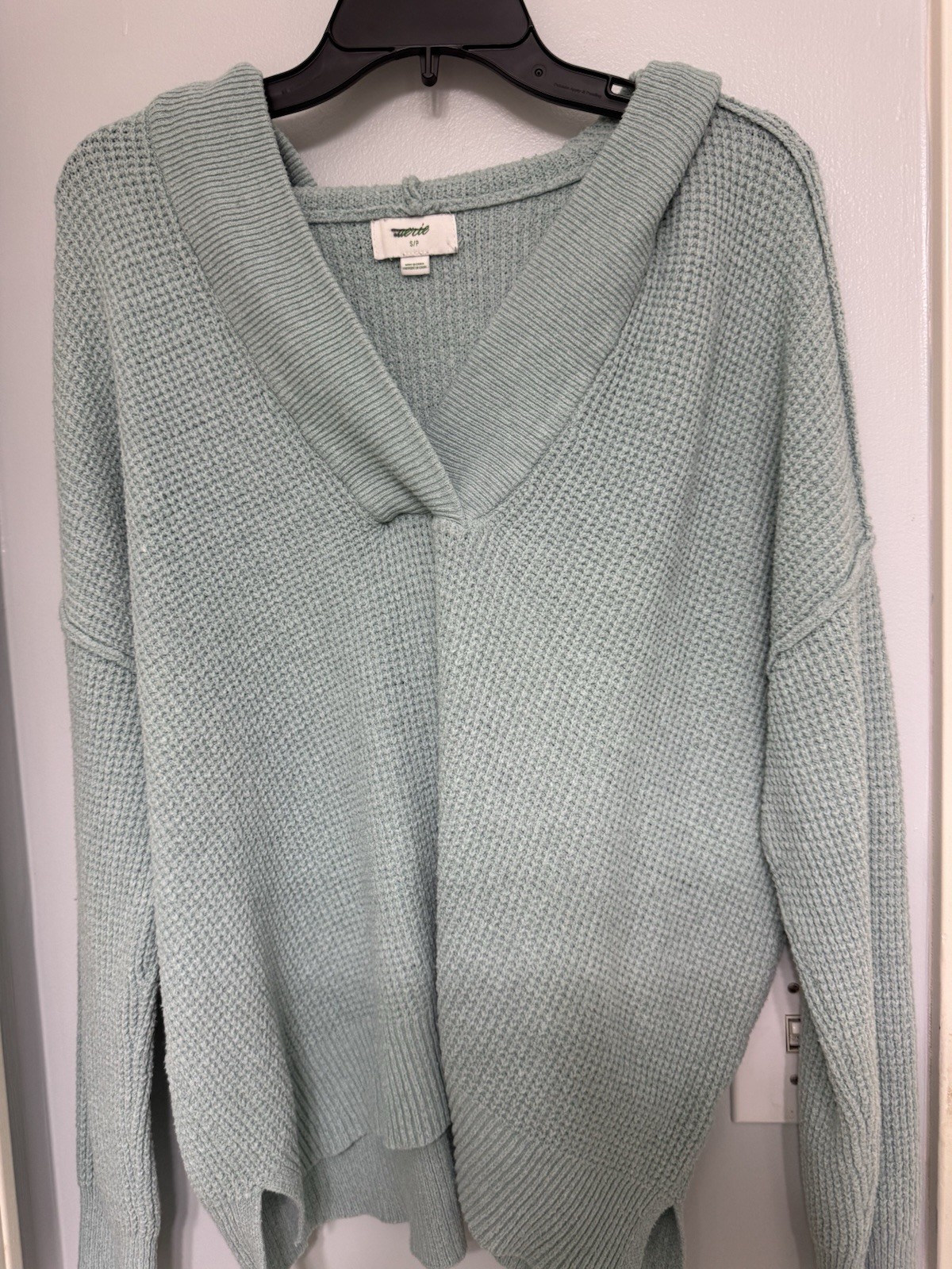 Aerie Cozyup Waffle Sweater Hoodie Womens Size Small Seafoam Green V Neck