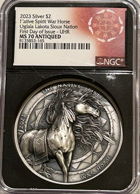 #ad 2023 Ogala Lakota Sioux Nation 2oz Silver War Horse NGC MS70 Only 999 Minted $389.00