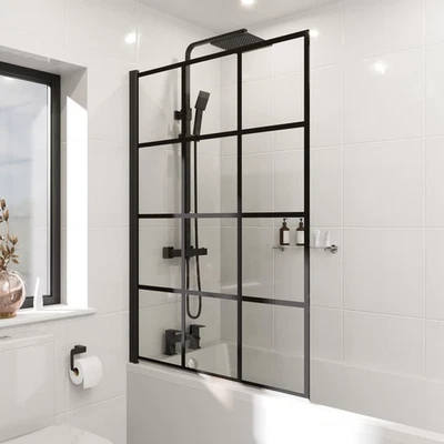 AFFINE Square Black Grid Bath Shower Screen Door Hinged 1000mm Framed Safety Glass 6mm