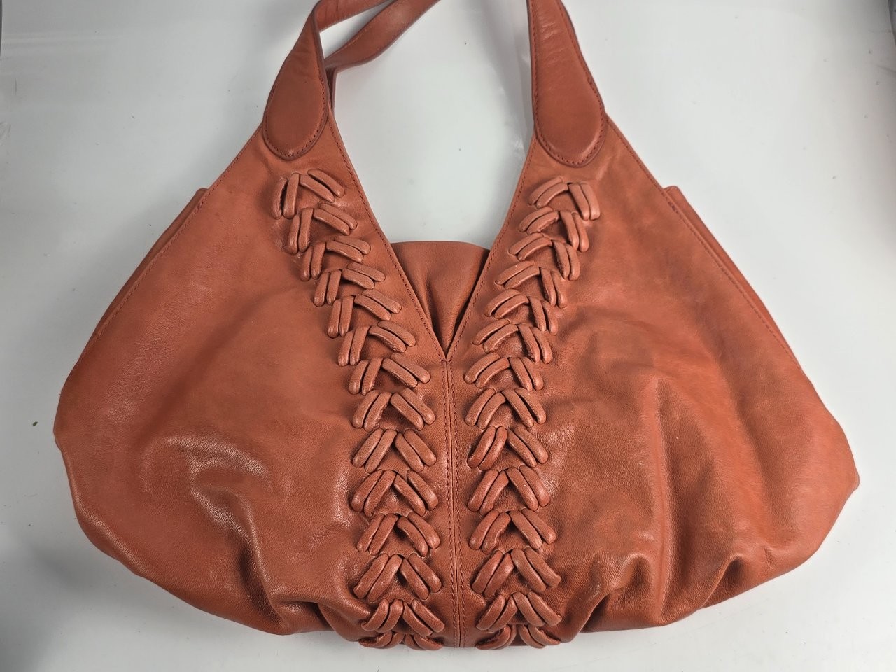 Treesje Hobo Shoulder Bag Leather Cognac Brown Woven Braided Accent