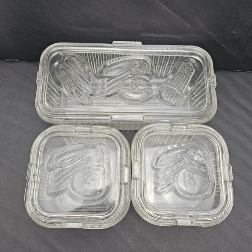 6 pc Vintage Federal Glass Ribbed Refrigerator Dishes Vegetable Pattern READ 