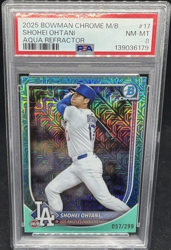 2025 BOWMAN CHROME MEGA BOX AQUA REFRACTOR #17 SHOHEI OHTANI #57/299 PSA 8