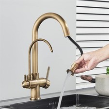 Antique Brass 3-Way Kitchen Faucet - Dual Handle Filter Tap  Pull-Out