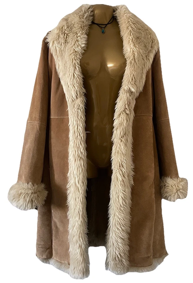 Abrigo largo Penny Lane de cuero tostado con ribete de piel sintética Wilson talla grande años 90 Y2K Foto 2 de 4