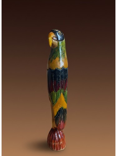 Vintage Wood Hand Carved Parrot Jamaica Handpainted Bird On Perch Sculpture