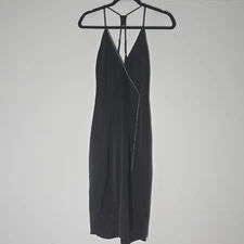 Halston Heritage Satin Black Formal Evening Slip Dress LBD Sz 0 Slit Silver Trim
