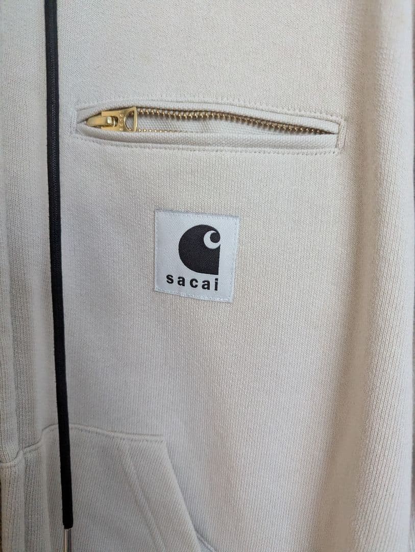 Sacai x Carhartt WIP Ivory Cotton Jersey Hoodie Size 0 New Unisex Fashion image 3