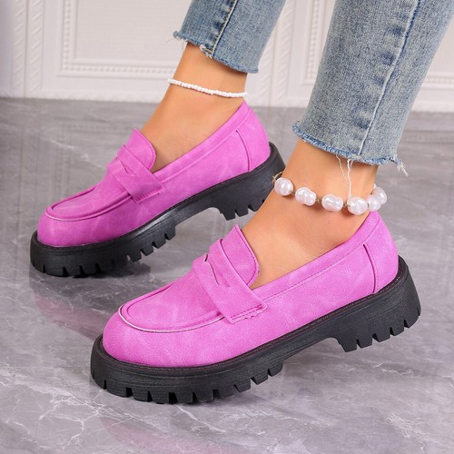 Women Platform Chunky Heel Loafer Shoes Round Toe Slip On Office Work