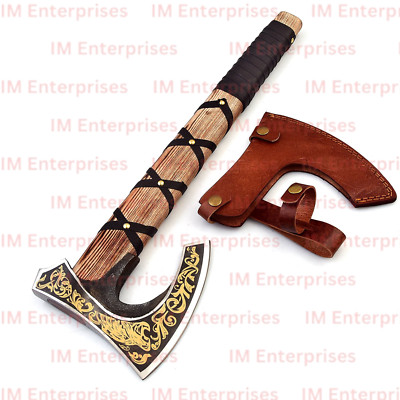 HAND FORGED CORBEN STEEL AXE/HATCHED ENGRAVED BEARDED VIKING AXE + PURE L-SHEATH