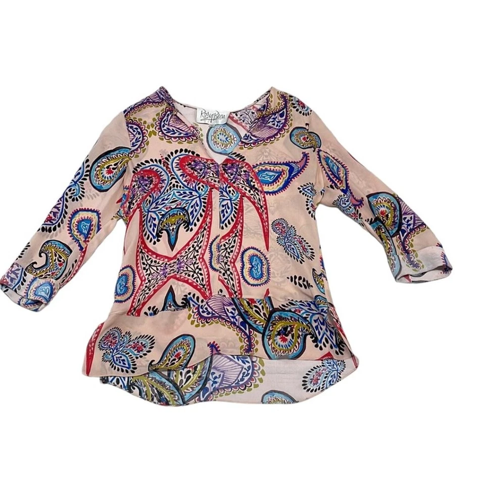 Rory Beca 束腰上衣衬衫女式 S 小号米色红色蓝色 V 领长袖丝绸 — 第 3/4 张图片