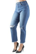 Women's Juniors Mom-Fit High Waist Ripped Destroyed Straight Leg Jeans