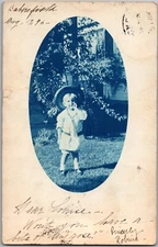 RPPC POSTCARD 1906 CYANOTYPE YOUNG BOY OUTDOORS IN LARGE HAT ALBUM PRINT