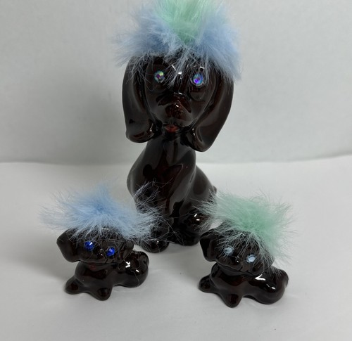 MCM Redware Pottery Mom & 2 Baby DogsAnthropomorphic Japan 5.5" Embellished Cute