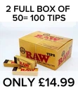 2 X RAW Unbleached Rolling Paper Roach Tips - 2 Full Box - 100 Booklets