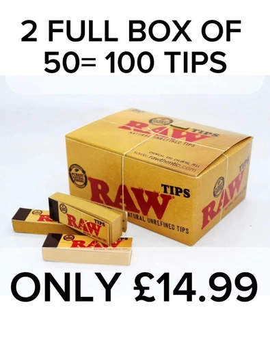 2 X RAW Unbleached Rolling Paper Roach Tips - 2 Full Box - 100 Booklets