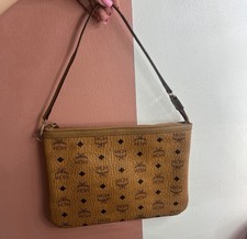 MCM Cognac Monogram Shoulder Bag Zip Closure Gold Hardware Logo Accent