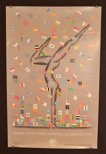 Vintage 1984 LA Olympic Poster Marvin Rubin Gymnast Flags Signed Print Unframed - product listing photo