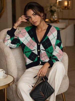 VIGOSS Argyle Cardigan Sweater Women s M  Cropped Preppy NWT Flaw