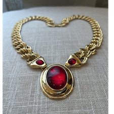 VTG Napier Signed Ruby Red Cabochon Gold Necklace Chunky Double Link Chain 88