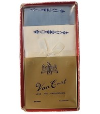 Vintage 2 Van Cort Mens Embroidered Handkerchiefs All Cotton New in Box