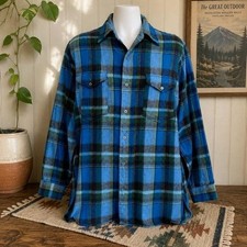 Vintage 60s Pendleton Board Shirt Mens Large 16 Blue Green Plaid Wool