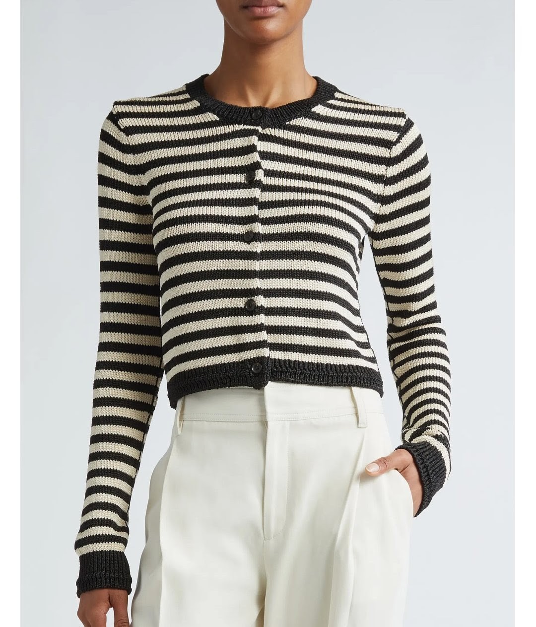 Maria McManus Cream Black Stripe Crew Button-Up Thick Knit Shrunken Cardigan