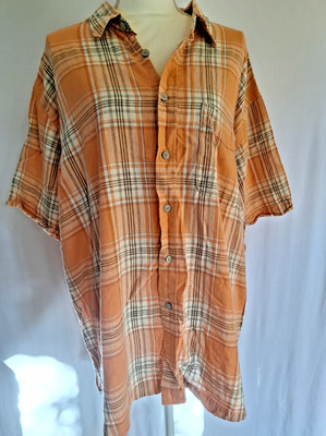 Men's XXL IZOD Linen Button Up Short Sleeve Orange Plaid Shirt Lounge
