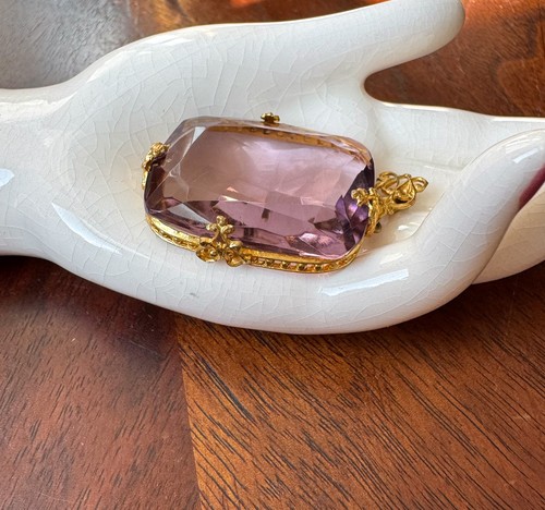 Antique Pinchbeck Gold Faceted Amethyst Glass Victorian Pendant Statement Focal - Bild 4 von 9